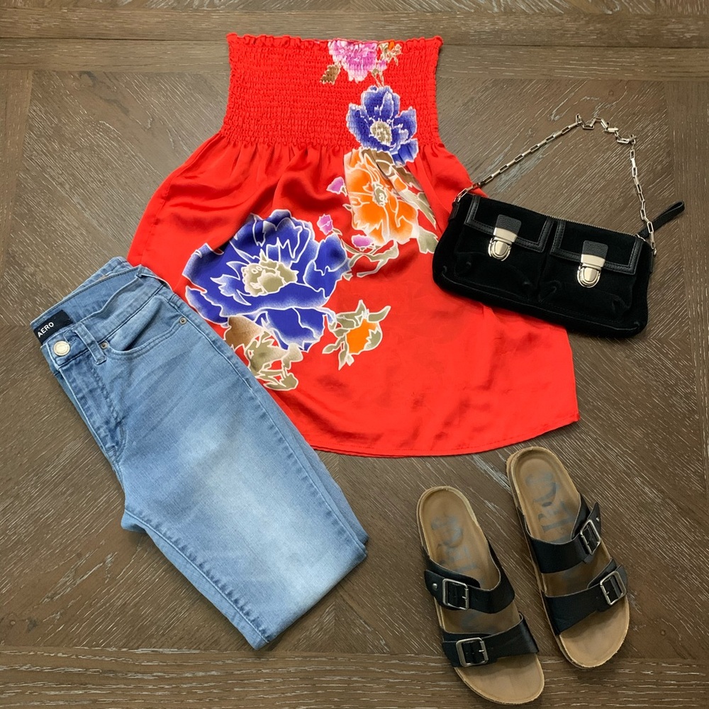 Forever 21 Red tropical floral satin tube top Size S
